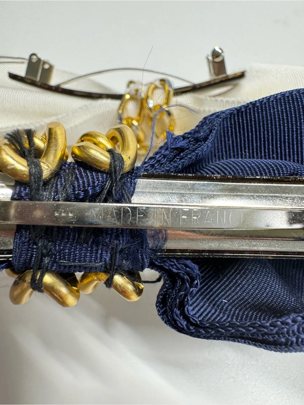Bow Hair Clips Made In France Ivory Navy Blue Gold Tone Chain- Set Of 2
